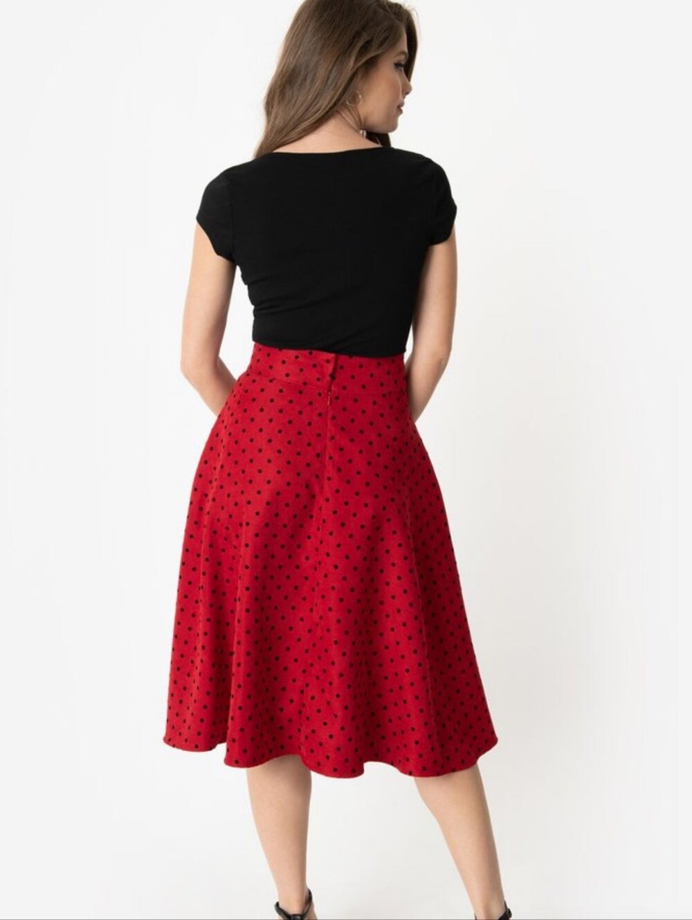 Unique Vintage Red Polka Dot A-Line Midi Skirt